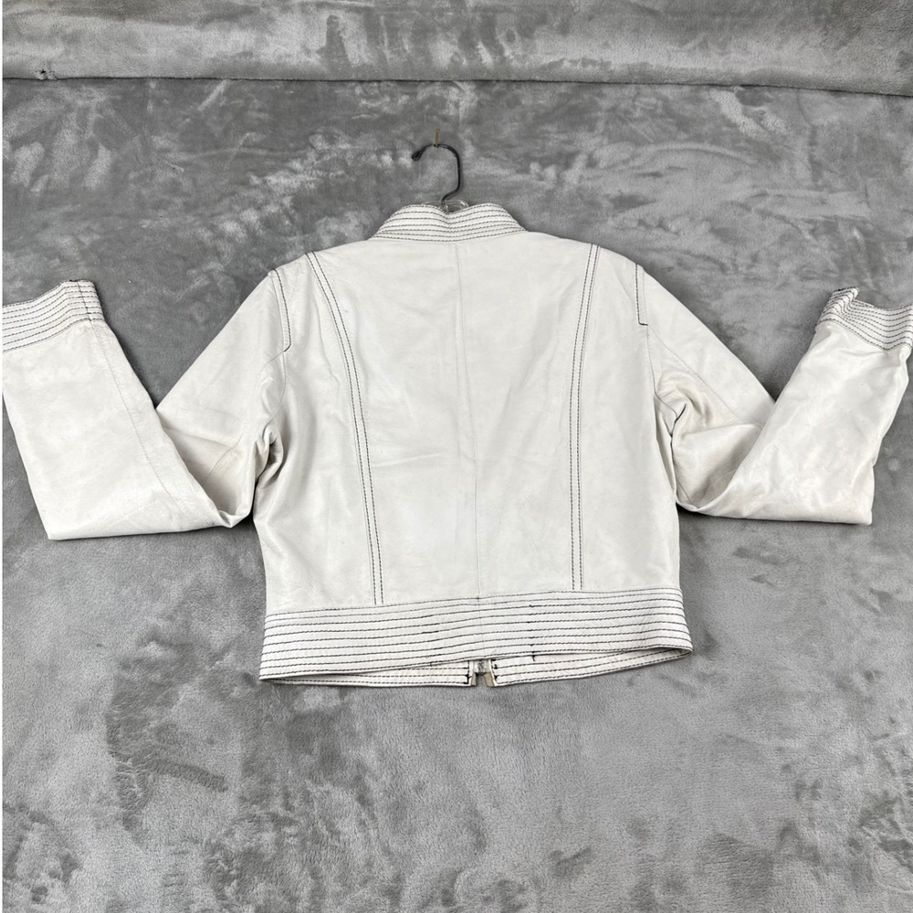 Mirti Italian Leather Jacket White Black Contrast Stitch Moto Firenze Italy 44 - Picture 7 of 8